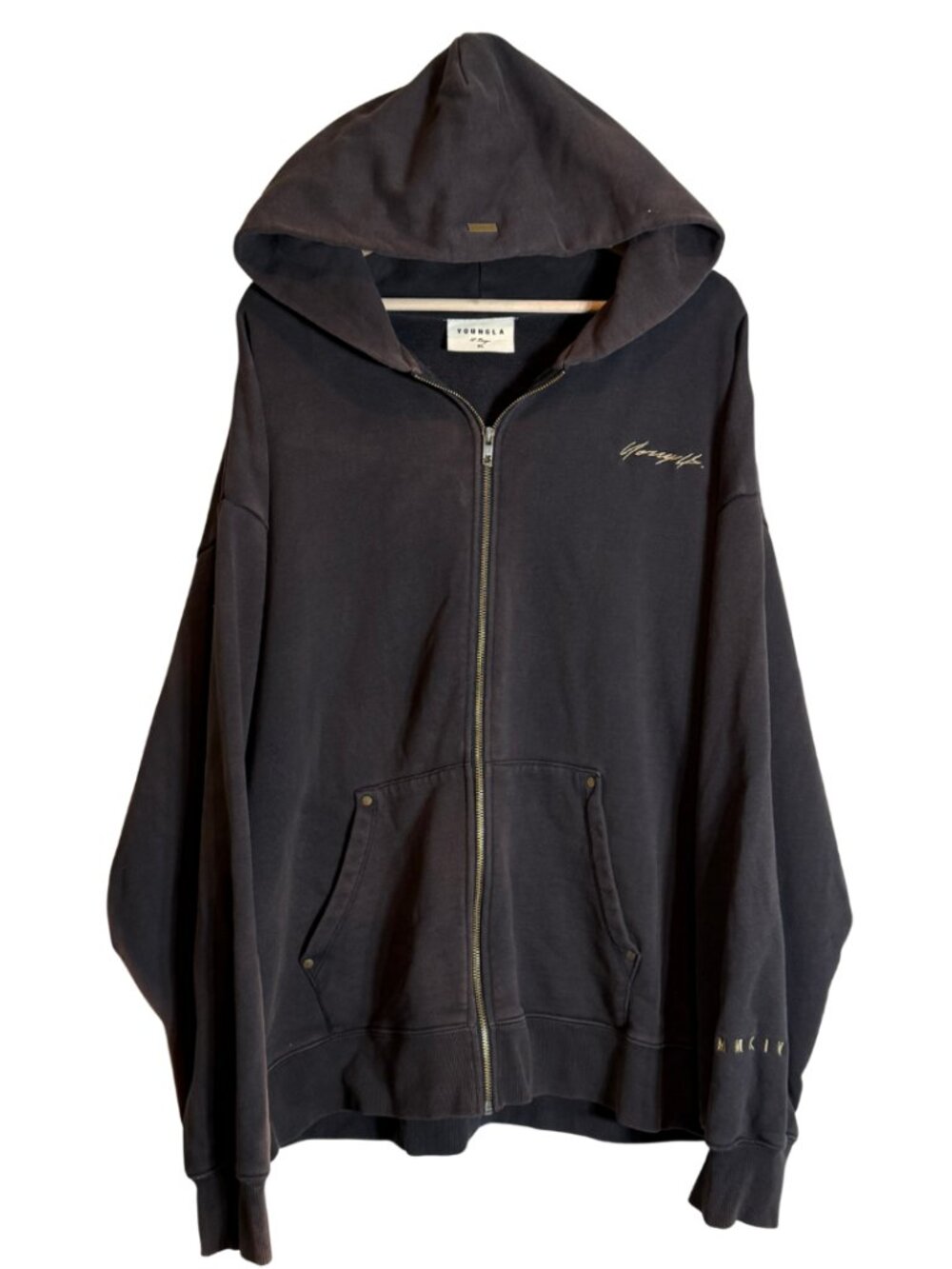 YoungLA 546 Rivet Full Zip Hoodie Sweatshirt Men's XL Brown Faded Streetwear